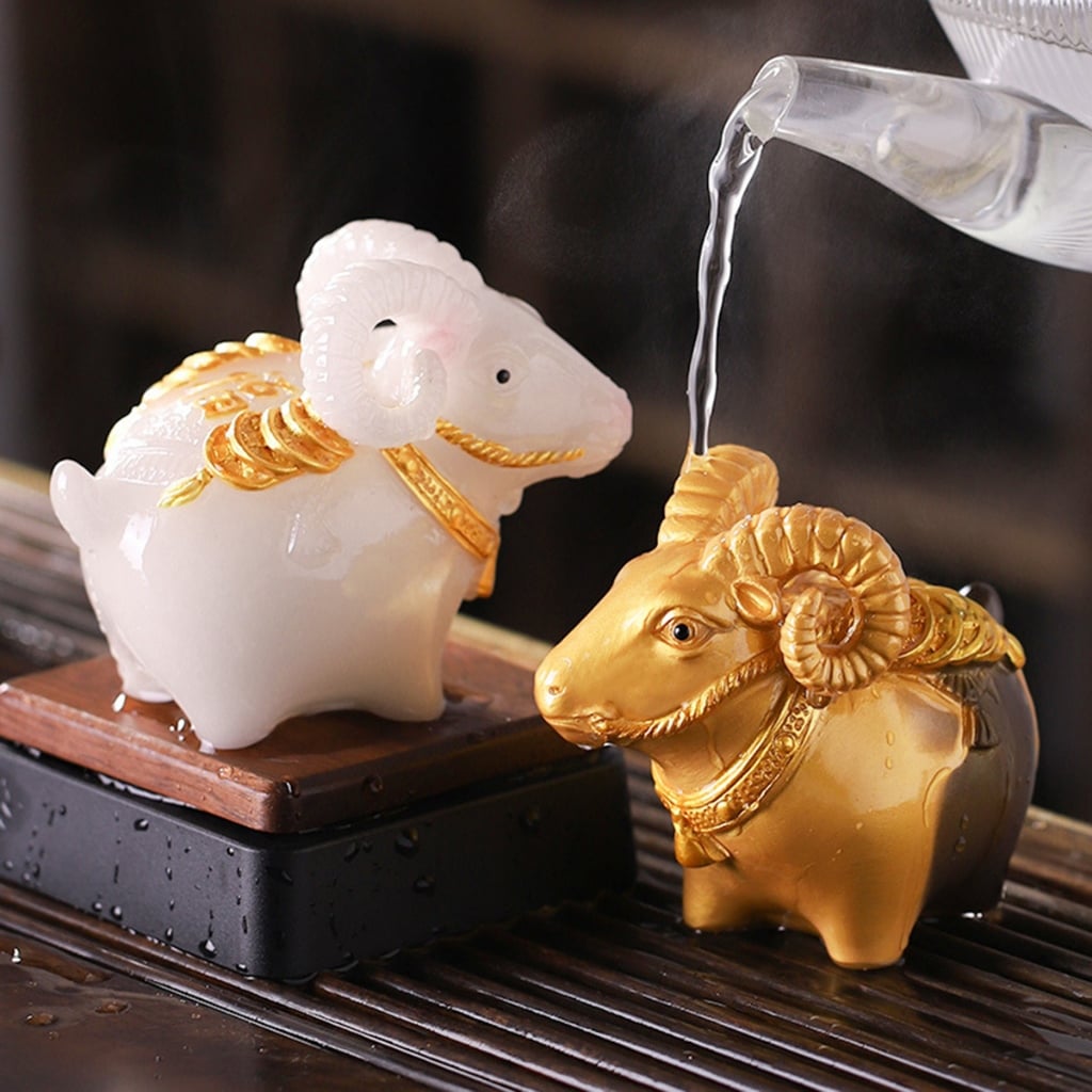 Tượng dê vàng dê ngọc gốm đổi màu phong thủy bàn trà